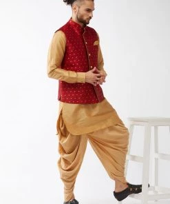 VASTRAMAY Men's Maroon Banarasi Jacket With Rose Gold Silk Kurta And Dhoti Set