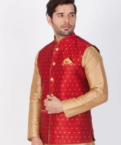 Vastramay Men's Maroon Cotton Blend Ethnic Jacket