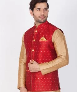 Vastramay Silk Blend Maroon And Rose Gold Baap Beta Ethnic Jacket