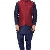 Kurta Sets VASTRAMAY Men's Blue Cotton Silk Blend Kurta, Nehru Jacket And Bredges Set