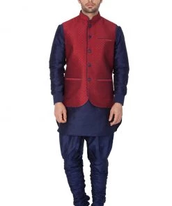 Kurta Sets VASTRAMAY Men's Blue Cotton Silk Blend Kurta, Nehru Jacket And Bredges Set