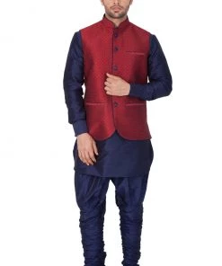 Kurta Sets VASTRAMAY Men's Blue Cotton Silk Blend Kurta, Nehru Jacket And Bredges Set