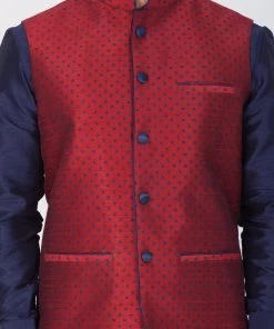 Vastramay Men's Maroon Cotton Silk Blend Ethnic Jacket