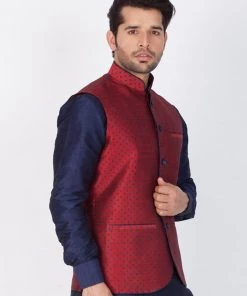 Vastramay Men's Maroon Cotton Silk Blend Ethnic Jacket