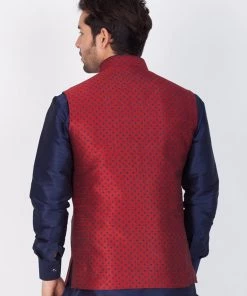 Vastramay Men's Maroon Cotton Silk Blend Ethnic Jacket