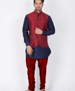 Vastramay Men's Maroon Cotton Silk Blend Ethnic Jacket
