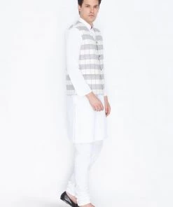 Vastramay Men's White Cotton Kurta, Ethnic Jacket And Pyjama Set