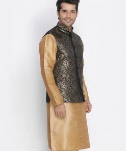 Vastramay Men's Black Cotton Silk Blend Nehru Jacket