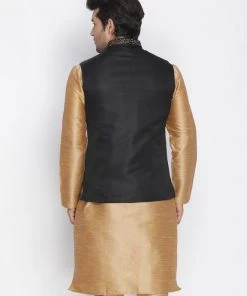 Vastramay Men's Black Cotton Silk Blend Nehru Jacket