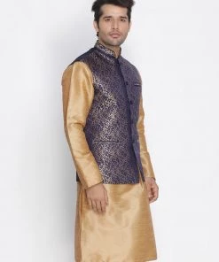 VASTRAMAY Men's Blue Cotton Silk Blend Ethnic Jacket Buy 1 Get 1