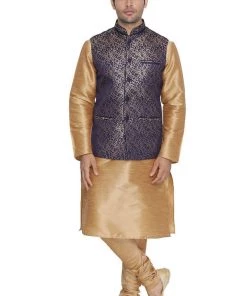 VASTRAMAY Men's Blue Cotton Silk Blend Kurta, Ethnic Jacket And Pyjama Set Jacket Kurta Sets