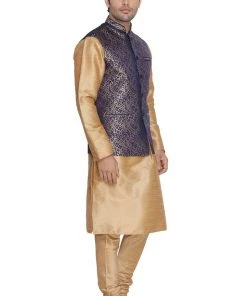VASTRAMAY Men's Blue Cotton Silk Blend Kurta, Ethnic Jacket And Pyjama Set Jacket Kurta Sets