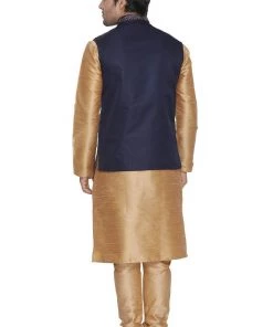 VASTRAMAY Men's Blue Cotton Silk Blend Kurta, Ethnic Jacket And Pyjama Set Jacket Kurta Sets