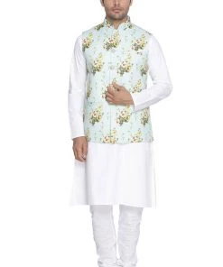 Vastramay Men's Multicolor Cotton Blend Kurta, Ethnic Jacket And Pyjama Set
