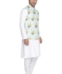 Vastramay Men's Multicolor Cotton Blend Kurta, Ethnic Jacket And Pyjama Set