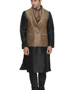 Kurta Sets VASTRAMAY Men's Brown Cotton Silk Blend Kurta, Ethnic Jacket And Pyjama Set