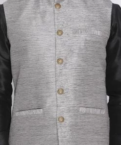 Nehru Jacket VASTRAMAY Men's Grey Cotton Silk Blend Ethnic Jacket