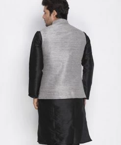Nehru Jacket VASTRAMAY Men's Grey Cotton Silk Blend Ethnic Jacket