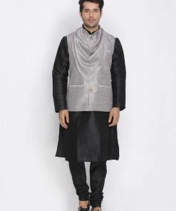 Nehru Jacket VASTRAMAY Men's Grey Cotton Silk Blend Ethnic Jacket