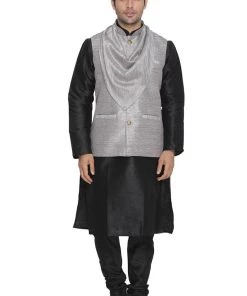 Kurta Sets VASTRAMAY Men's Grey Cotton Silk Blend Kurta, Ethnic Jacket And Pyjama Set