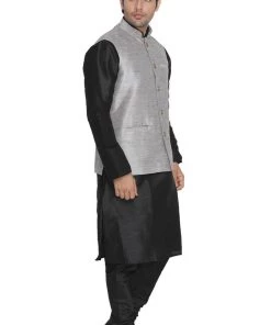 Kurta Sets VASTRAMAY Men's Grey Cotton Silk Blend Kurta, Ethnic Jacket And Pyjama Set