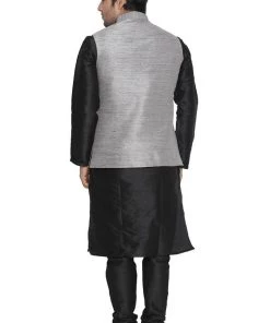 Kurta Sets VASTRAMAY Men's Grey Cotton Silk Blend Kurta, Ethnic Jacket And Pyjama Set