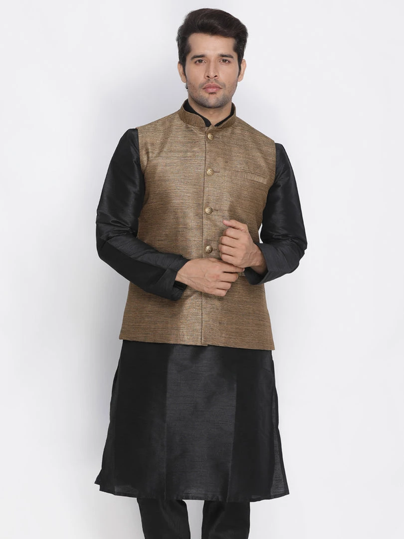 Nehru Jacket VASTRAMAY Men's Brown Cotton Silk Blend Ethnic Jacket 3 Nehru Jacket VASTRAMAY Men's Brown Cotton Silk Blend Ethnic Jacket