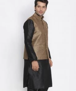 Nehru Jacket VASTRAMAY Men's Brown Cotton Silk Blend Ethnic Jacket
