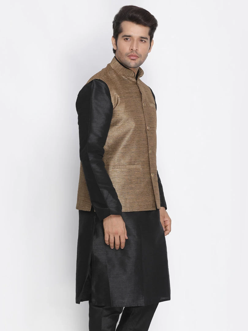 Nehru Jacket VASTRAMAY Men's Brown Cotton Silk Blend Ethnic Jacket 4 Nehru Jacket VASTRAMAY Men's Brown Cotton Silk Blend Ethnic Jacket