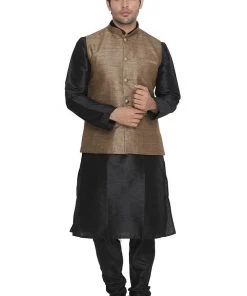 Kurta Sets VASTRAMAY Men's Brown Cotton Silk Blend Kurta, Ethnic Jacket And Pyjama Set