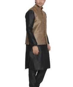 Kurta Sets VASTRAMAY Men's Brown Cotton Silk Blend Kurta, Ethnic Jacket And Pyjama Set