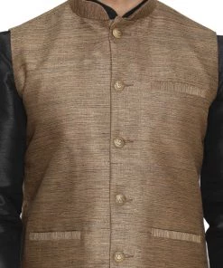 Kurta Sets VASTRAMAY Men's Brown Cotton Silk Blend Kurta, Ethnic Jacket And Pyjama Set