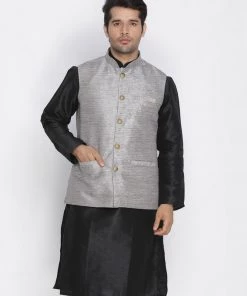 Vastramay Men's Grey Cotton Silk Blend Ethnic Jacket