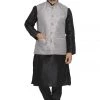 Vastramay Men's Grey Cotton Silk Blend Kurta, Ethnic Jacket And Pyjama Set