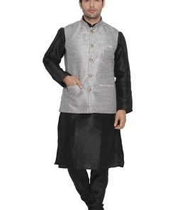 Vastramay Men's Grey Cotton Silk Blend Kurta, Ethnic Jacket And Pyjama Set
