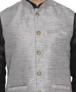Vastramay Men's Grey Cotton Silk Blend Kurta, Ethnic Jacket And Pyjama Set