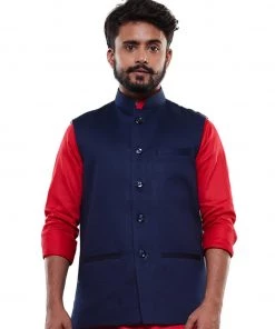 Vastramay Men's Blue Cotton Blend Waist Coat
