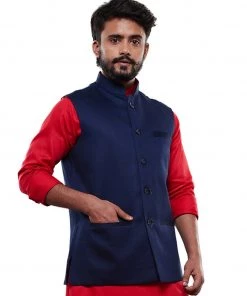 Vastramay Men's Blue Cotton Blend Waist Coat