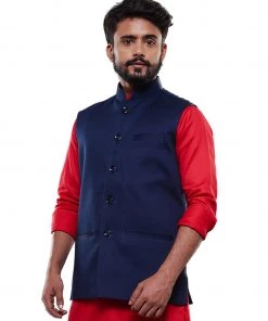 Vastramay Men's Blue Cotton Blend Waist Coat