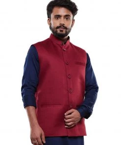 Vastramay Men's Maroon Cotton Blend Nehru Jacket
