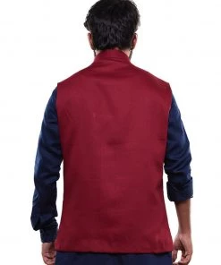 Vastramay Men's Maroon Cotton Blend Nehru Jacket