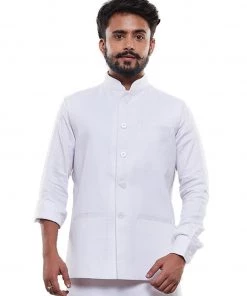 Vastramay Men's White Cotton Blend Nehru Jacket
