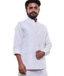 Vastramay Men's White Cotton Blend Nehru Jacket