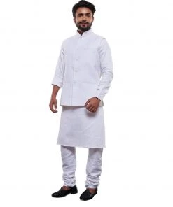 Vastramay Men's White Cotton Blend Nehru Jacket
