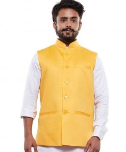 Vastramay Men's Yellow Cotton Blend Nehru Jacket