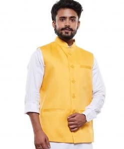 Vastramay Men's Yellow Cotton Blend Nehru Jacket