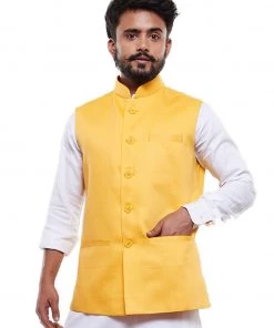 Vastramay Men's Yellow Cotton Blend Nehru Jacket