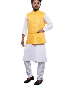 Vastramay Men's Yellow Cotton Blend Nehru Jacket