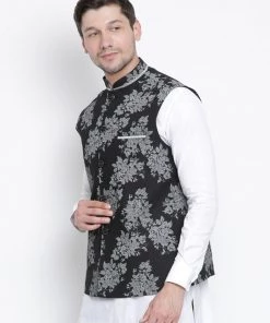 VASTRAMAY Men's Black Cotton Blend Ethnic Jacket Buy 1 Get 1