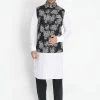 Vastramay Men's White Cotton Blend Kurta, Nehru Jacket And Pyjama Set Jacket Kurta Sets